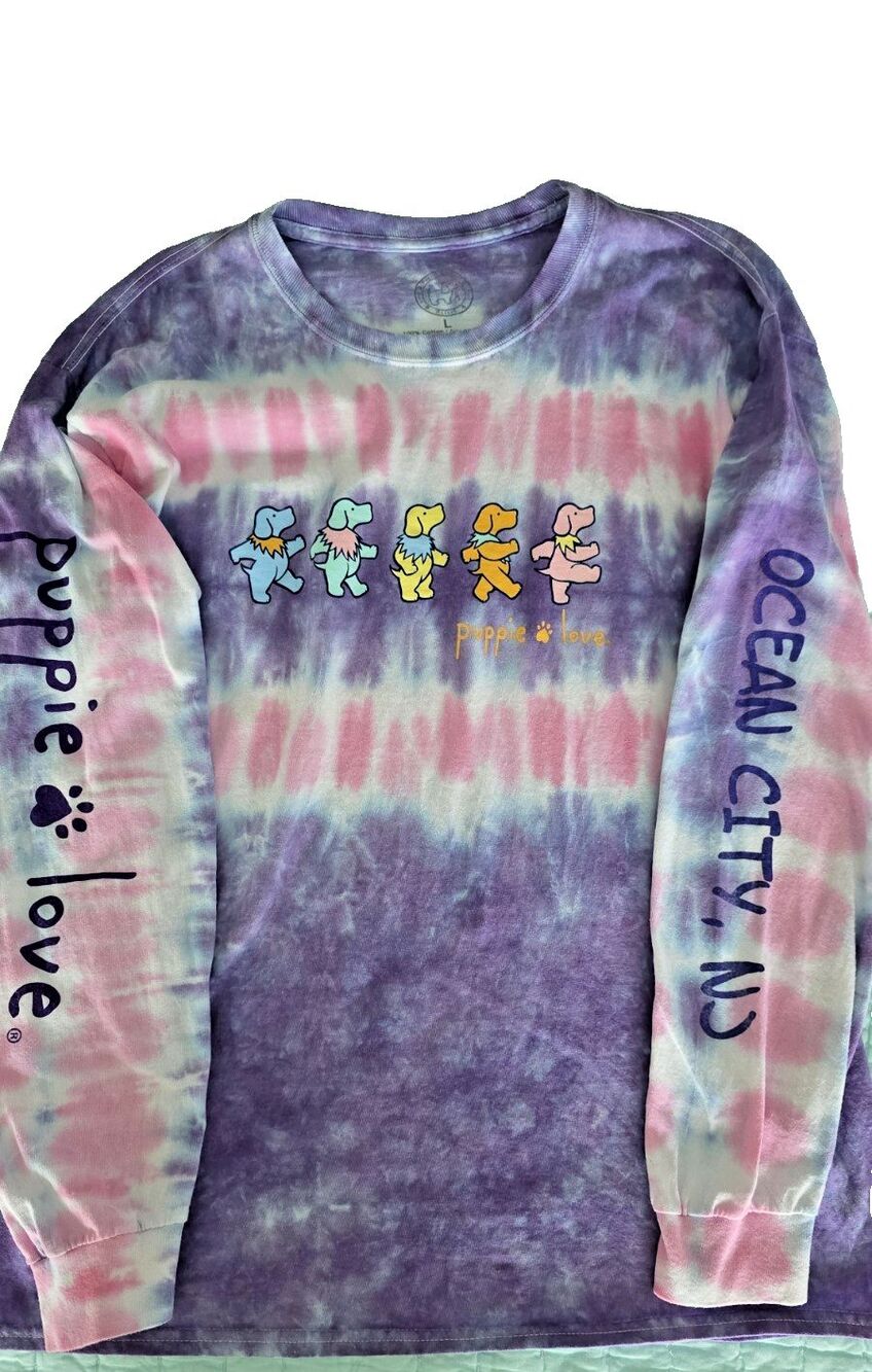 Puppie Love Dancing Dogs Grateful Dead LS Vtg Tie Dye Shirt Ocean City NJ Size L